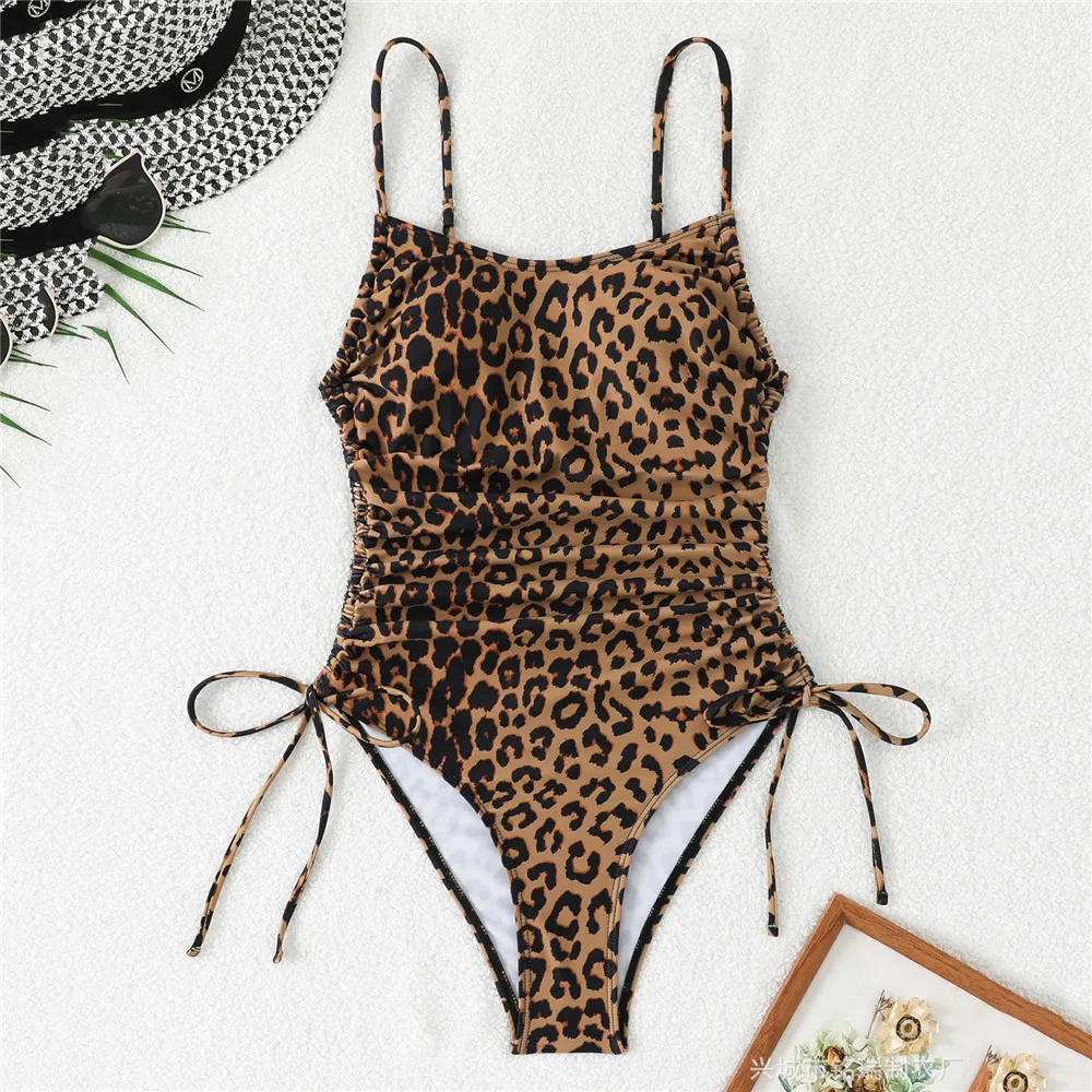 Bañador Sexy con estampado de leopardo para mujer, traje de baño de una pieza con cordón lateral y cordones, Monokini para verano 2026