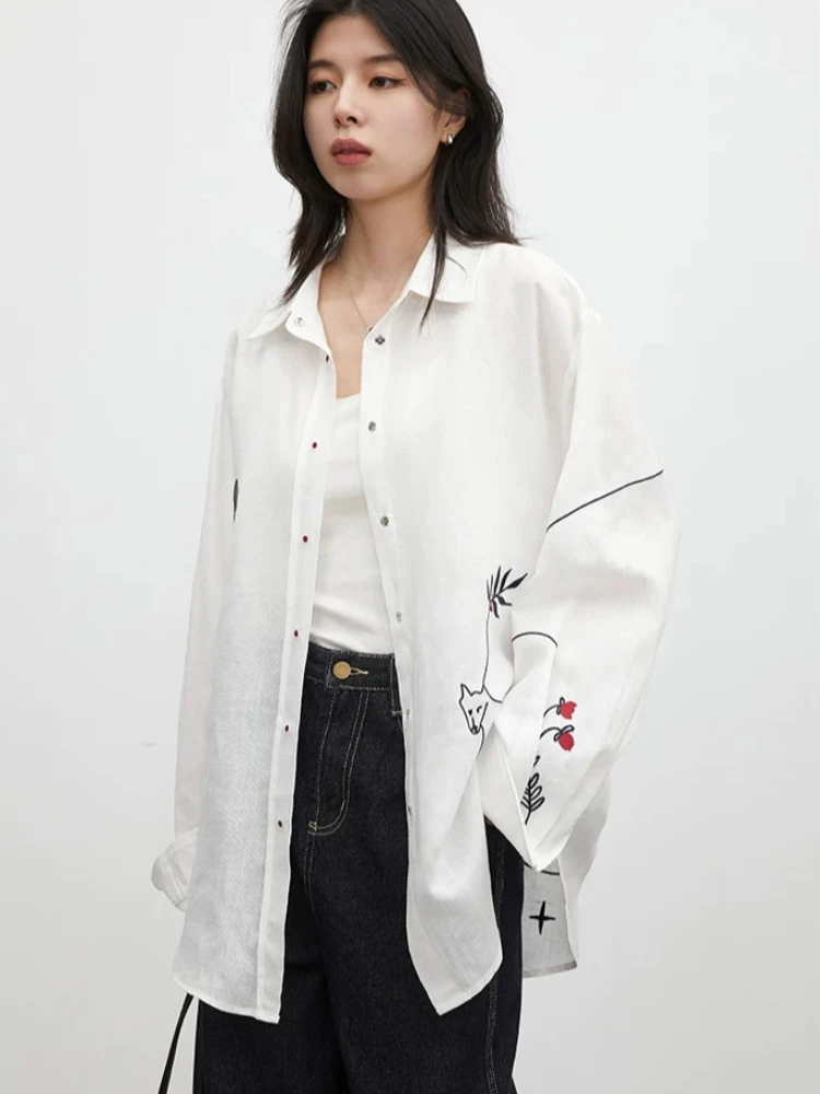 Camisa de Moda CHIC VEN para Mujer, Blusa Blanca de Manga Larga con Botones, Estilo Casual Holgado, Bordado de Poni, Primavera Verano 2026