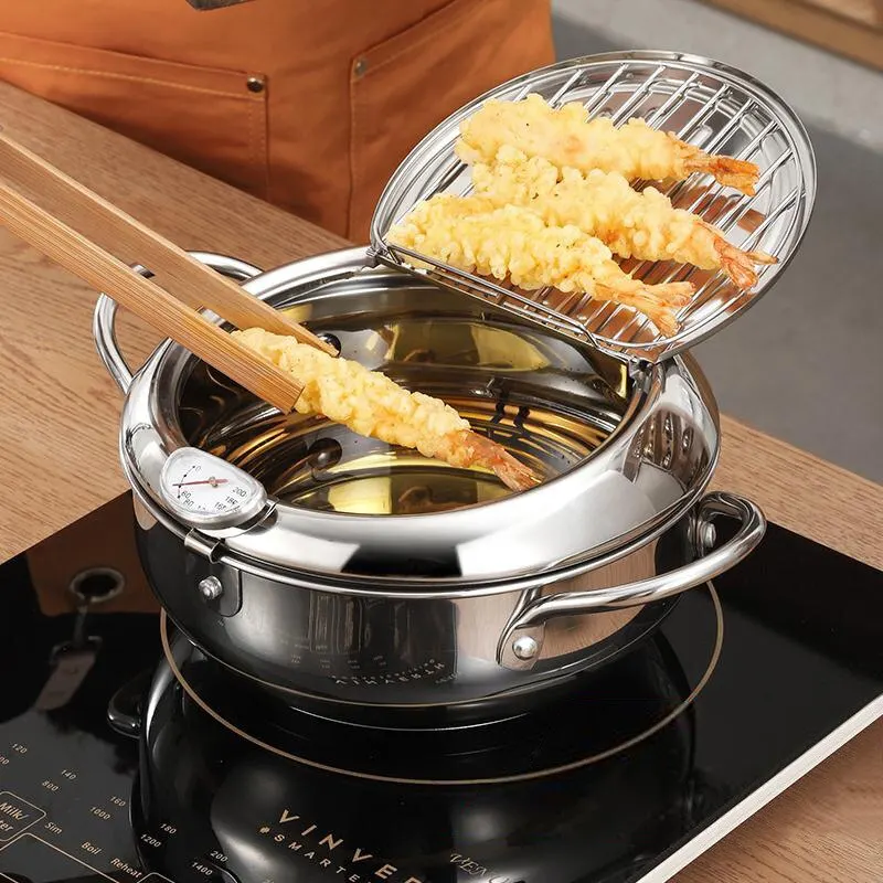 Sartén de aceite de acero inoxidable para el hogar, termómetro con cubierta, freidora de aceite Tempura, pequeña, ahorro de aceite, patatas fritas, 1 unidad
