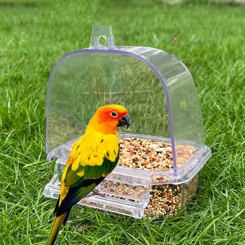 Alimentador de jaula para pájaros, caja de alimentación de plástico duradero transparente para loros, recipiente para alimentos de gran capacidad a prueba de salpicaduras para mascotas