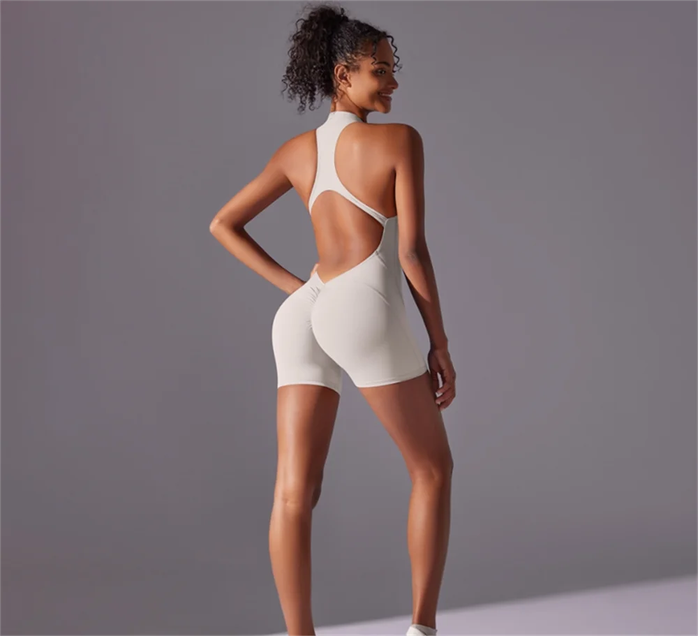 Color sólido de alta intensidad nude ajustado deportes espalda mono yoga traje ajustado correr fitness traje