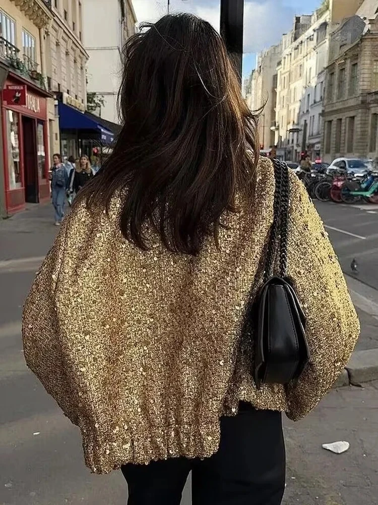 Suninheart, chaqueta Bomber con lentejuelas para mujer, otoño, cuello redondo, manga larga, bolsillo, dobladillo elástico, chaqueta con lentejuelas, abrigo, ropa de abrigo elegante para mujer