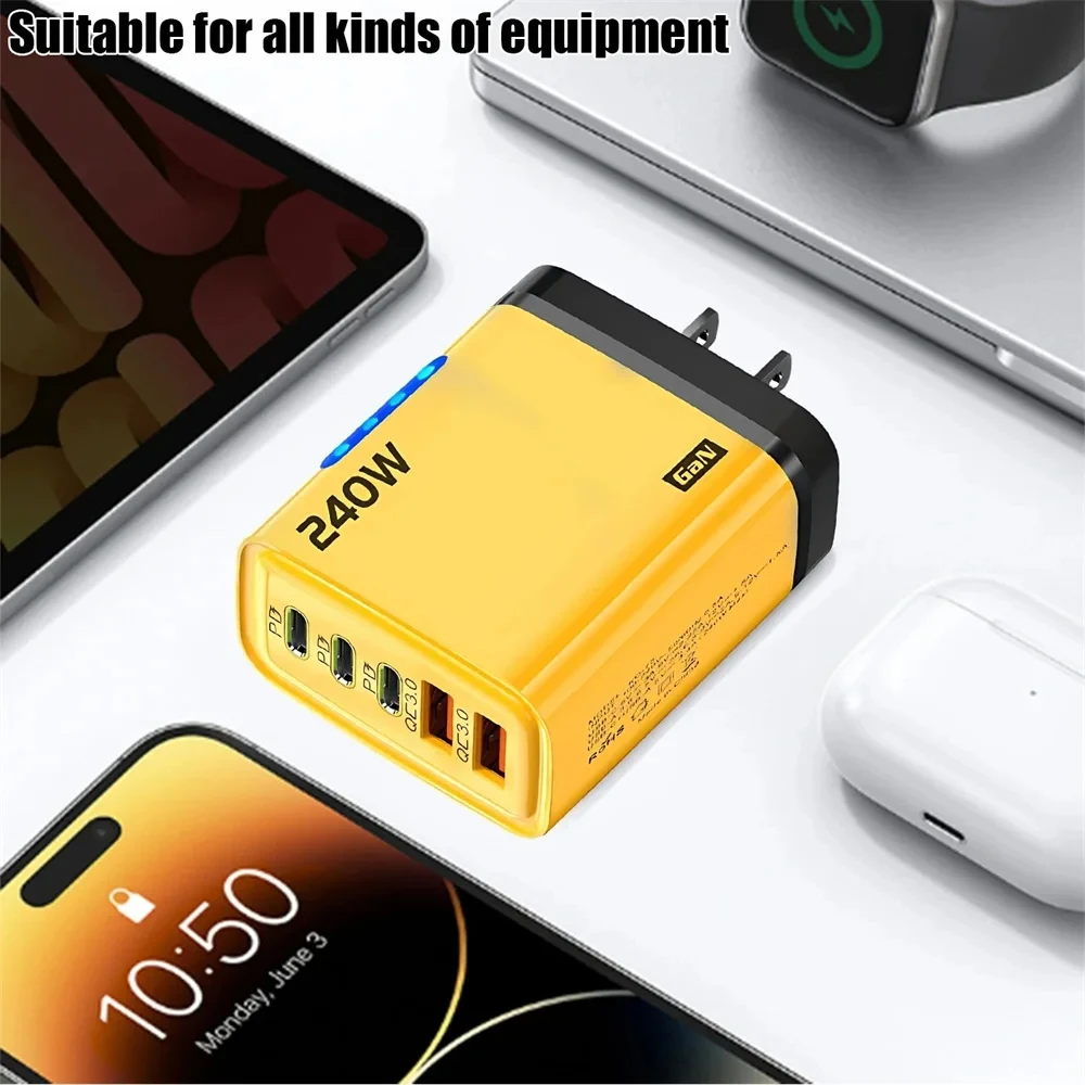 Cargador USB C GaN de 240W, 5 en 1, adaptador de corriente de carga rápida para iPhone, Samsung, Xiaomi, tipo C, enchufe europeo/estadounidense, cargador de pared