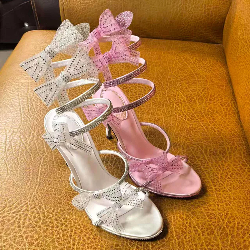 Sandalias de gladiador de lujo con lazo de malla y diamantes de imitación para mujer, zapatos sexys de banda estrecha y tacones altos finos, zapatos de fiesta de boda de verano