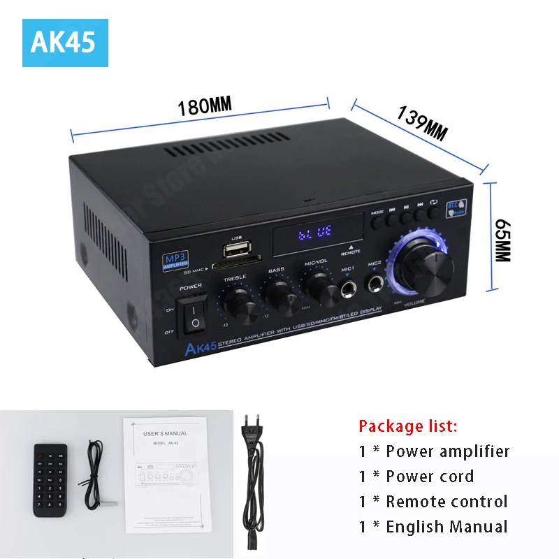 Amplificador Digital HiFi AK45 con Bluetooth, amplificador de sonido envolvente 2,0, Canal MP3, compatible con 90V-240V, máx. 350W x 2, para casa y coche