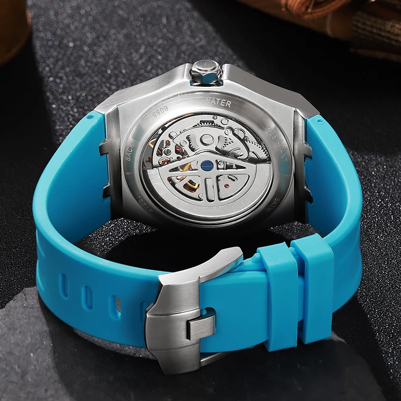 Reloj mecánico automático para hombre, esfera naranja, Tourbillon esqueleto, reloj de pulsera octogonal de acero inoxidable, reloj de lujo resistente al agua