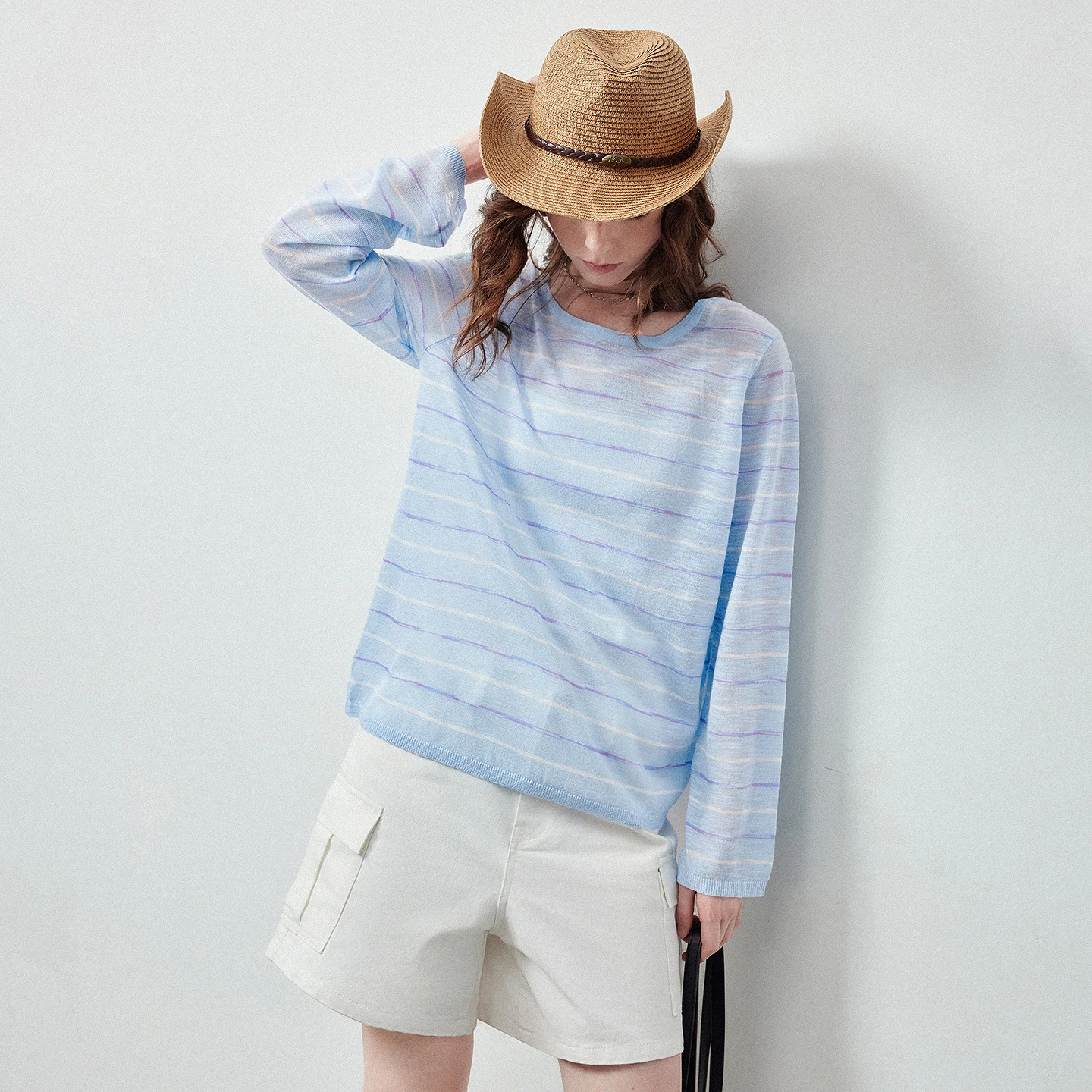 TOYOUTH Top de Punto para Mujer, Novedad Verano 2026, Lino Slub a Rayas, Transparente, Holgado, Hombros Caídos, Abertura Trasera, Tops Casuales