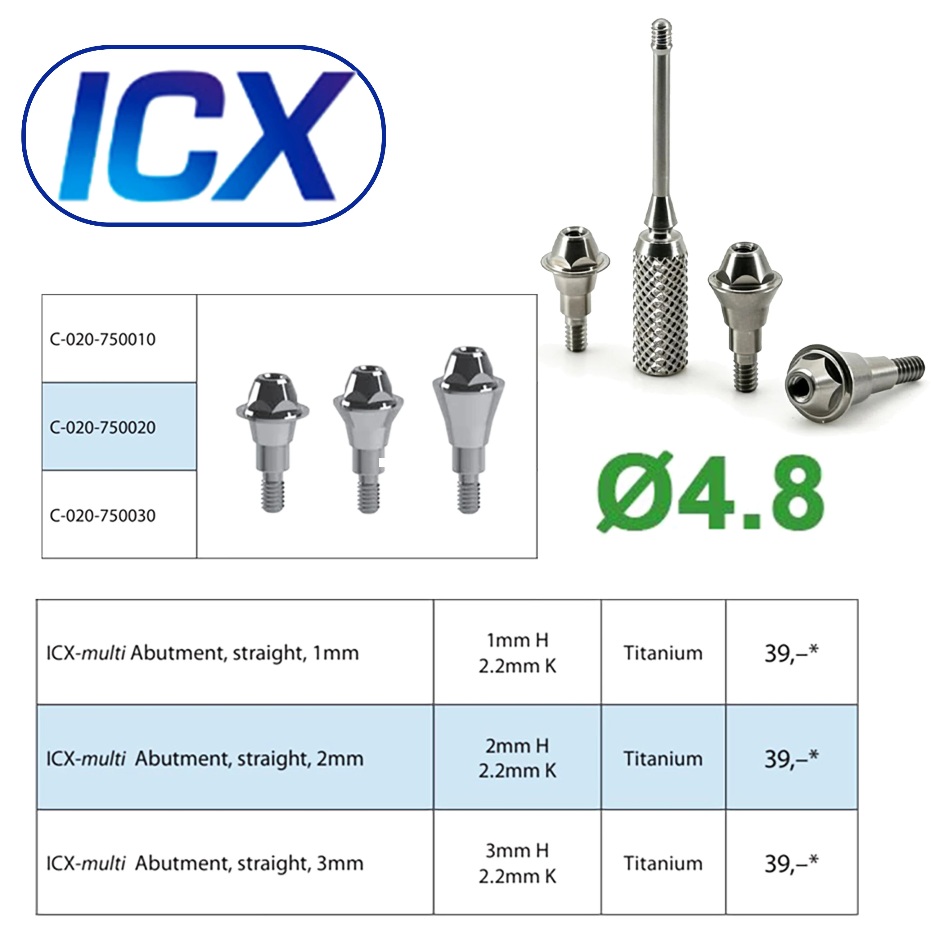 Para Sistema de Implantes ICX: Pilar de cicatrización dental, Tapa de cicatrización, Tornillo de cubierta, Analógico de laboratorio, Analógico digital, Pilar recto multiunidad
