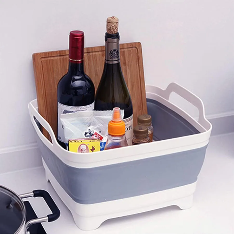 Lavabo de verduras de plástico plegable de 9 litros con tapón de drenaje para almacenamiento de platos, lavado de frutas y verduras, cubo frío