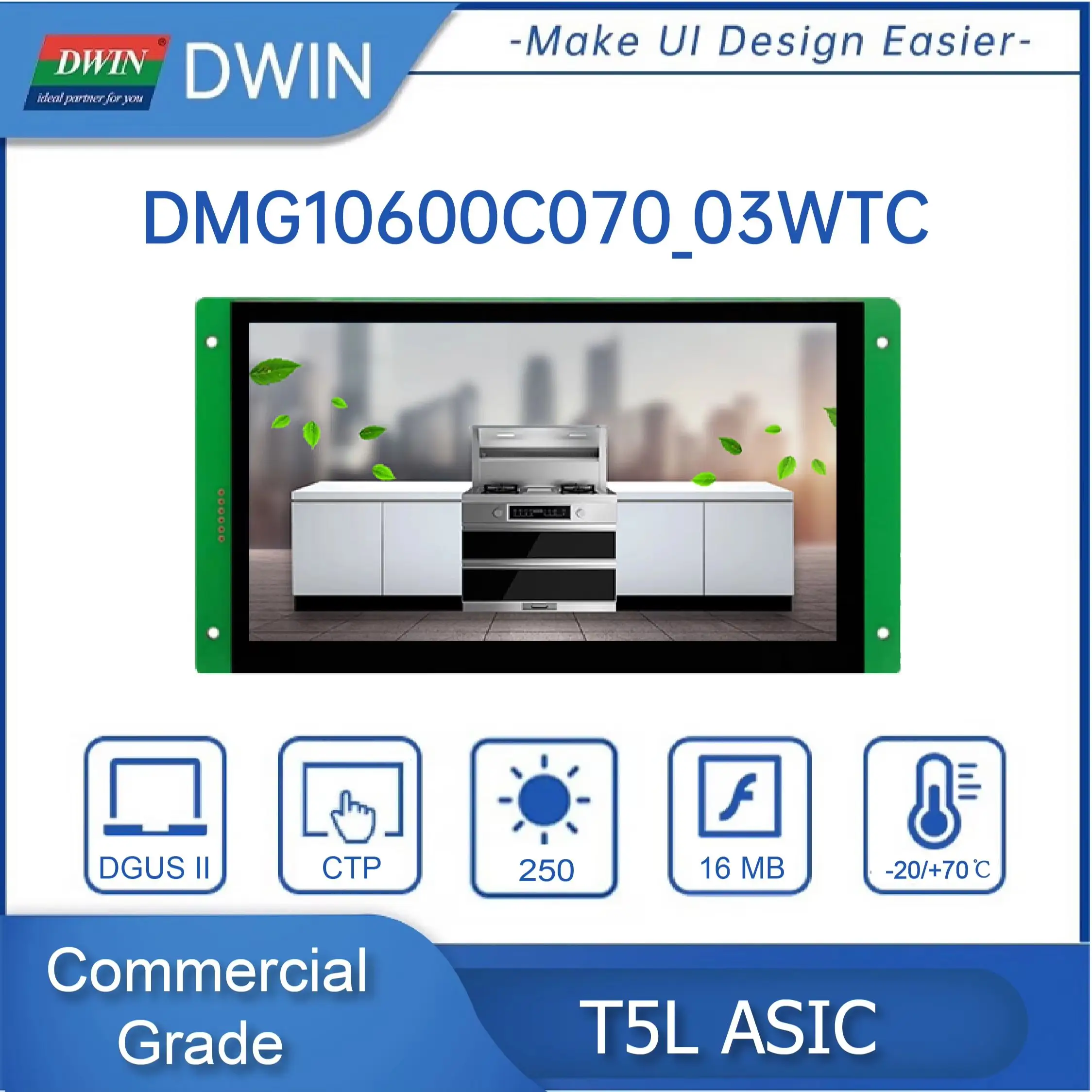 Módulo Inteligente HMI DWIN con Pantalla de 7.0 Pulgadas 1024*600, Módulo IPS-TFT-LCD, Panel Táctil Capacitivo, Amplio Ángulo de Visión DMG10600C070_03W