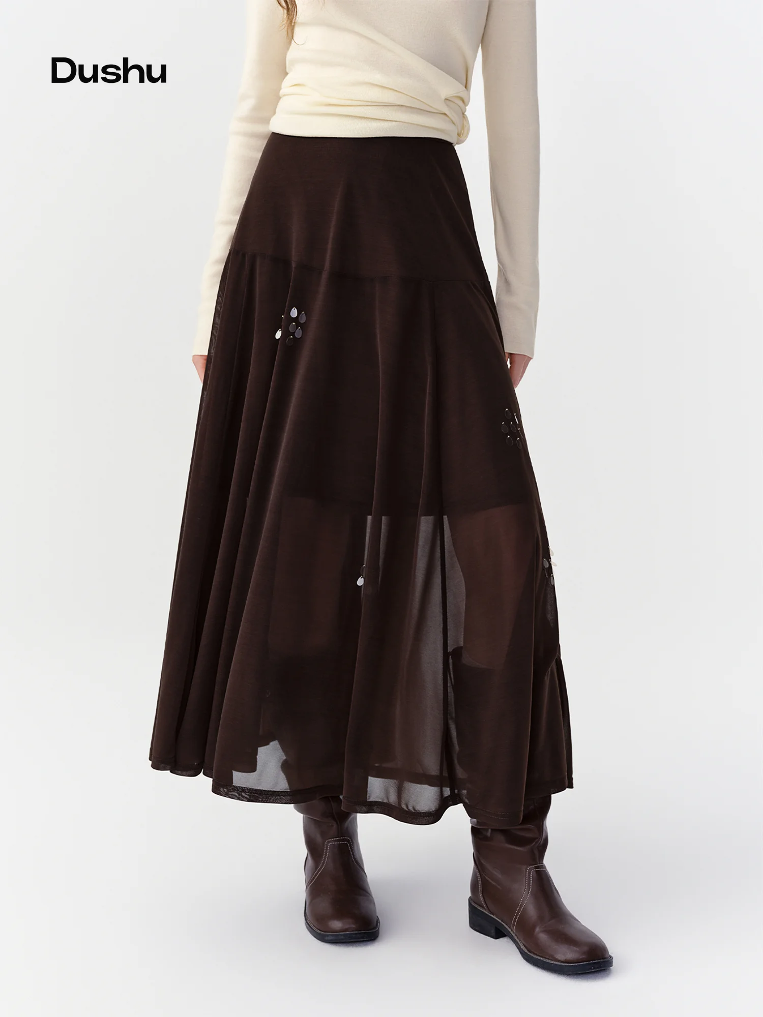 Falda Larga Fluida Color Café para Mujer DUSHU, Nueva Colección Otoño 2026, Tallas Variadas, Cintura Alta, Corte Holgado, Elegante y Casual