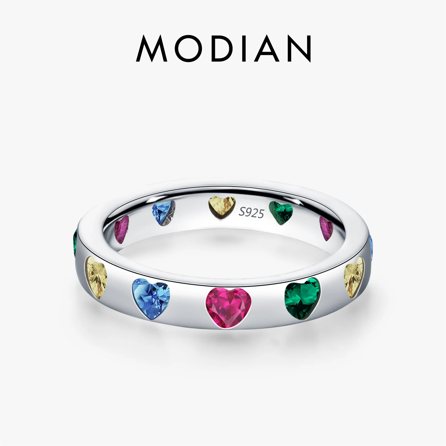 MODIAN Plata de Ley 925 dulce romántico colorido circón corazón apilable eternidad banda anillos de moda para mujeres joyería fina