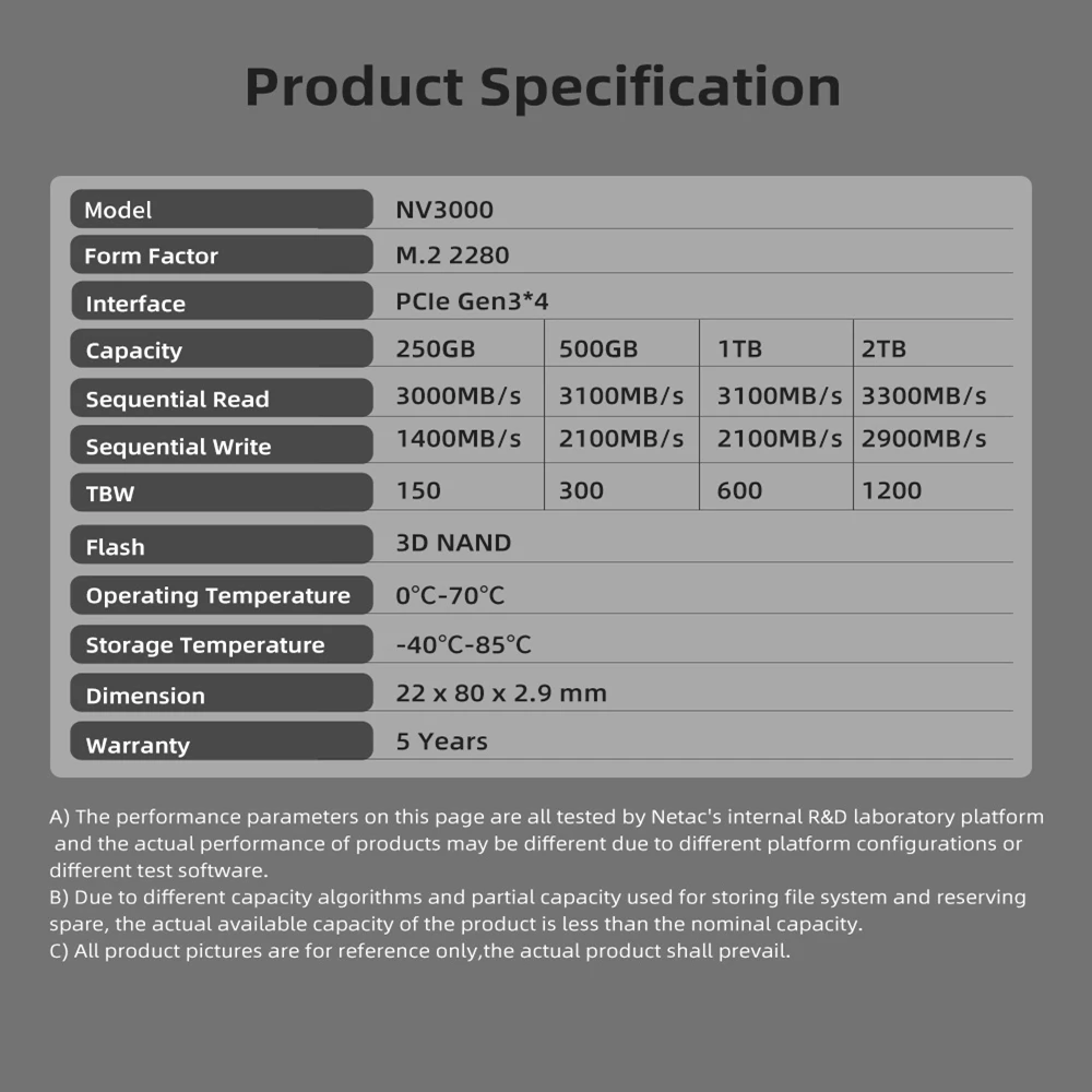 Netac SSD NVMe M2 500GB 250GB 2TB SSD 1TB M.2 NVME 2280 PCIE3.0 3500MB/s unidad de disco duro interna de estado sólido para ordenador portátil de escritorio