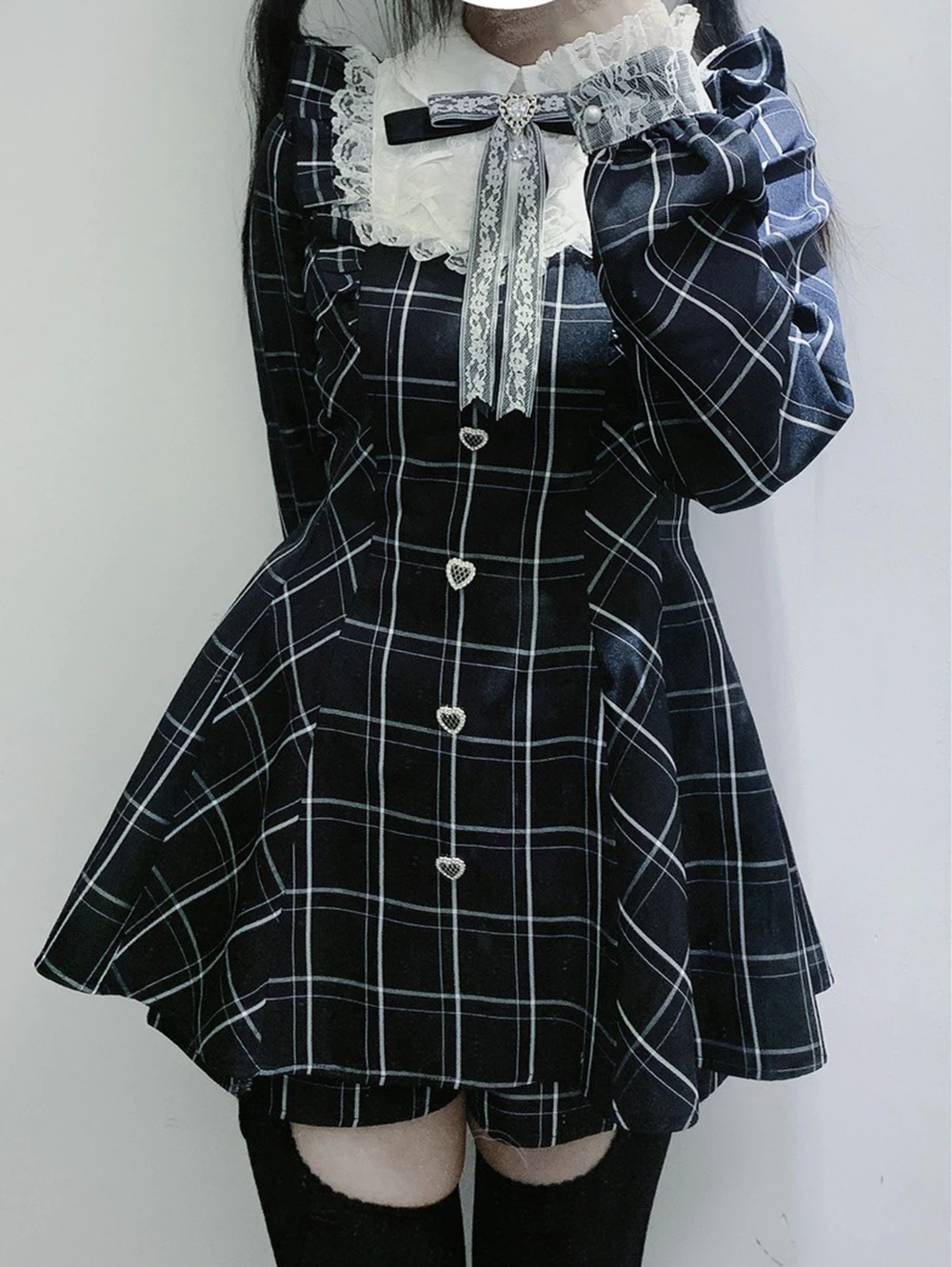 Vestido Lolita Kawaii para Mujer, con Encaje, Parches a Cuadros, Estilo Hada Grunge, con Volantes, Manga Larga, Estética Y2K