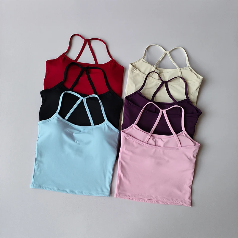 Sujetador deportivo desnudo sin costuras para mujer, Push-up, soporte alto, correa fina ajustable para el hombro, camiseta sin mangas para Yoga, ropa interior deportiva