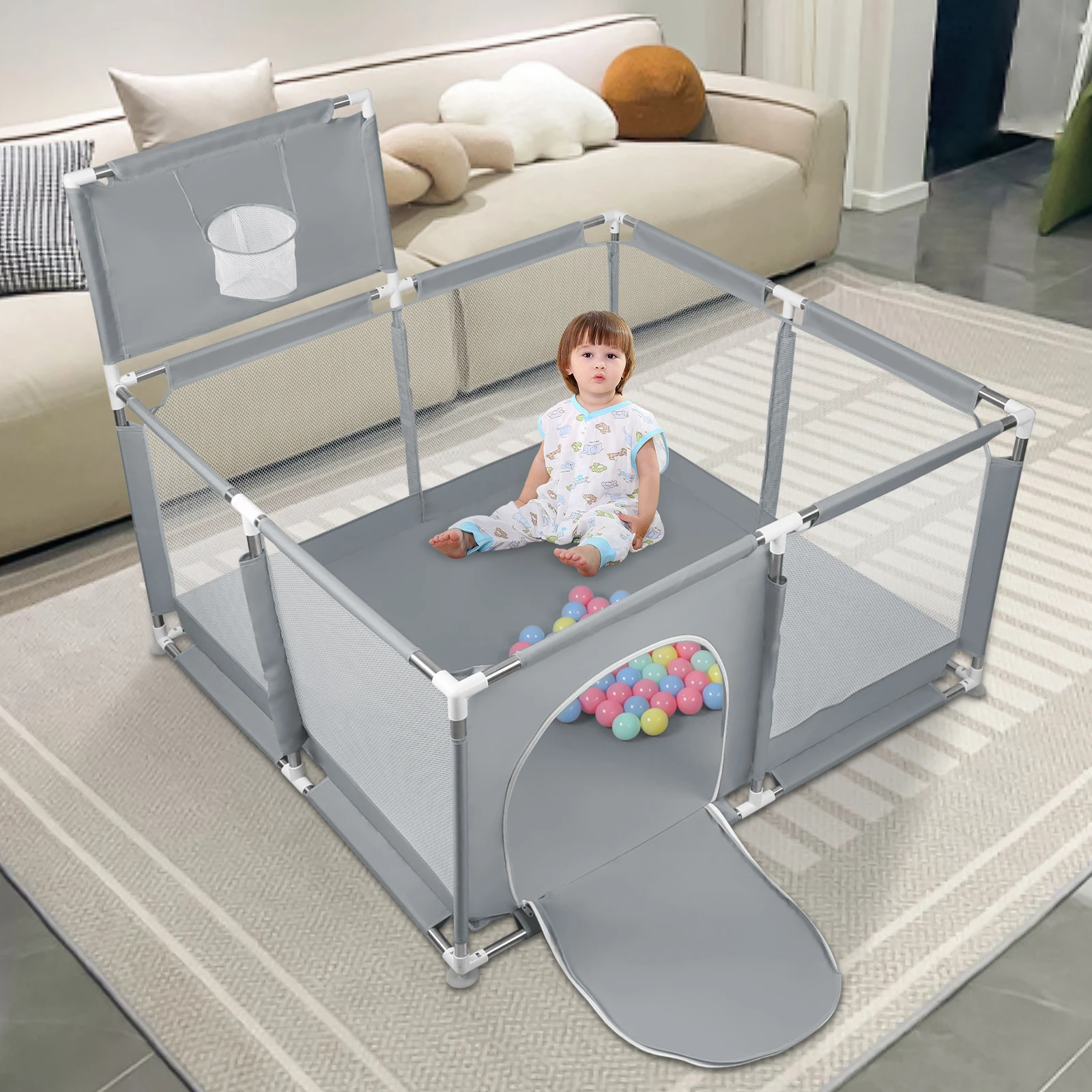 Corralito para bebés, corralito infantil, piscina de pelotas para bebés, con canasta de baloncesto, 126x126x66cm y como ayuda para caminar.
