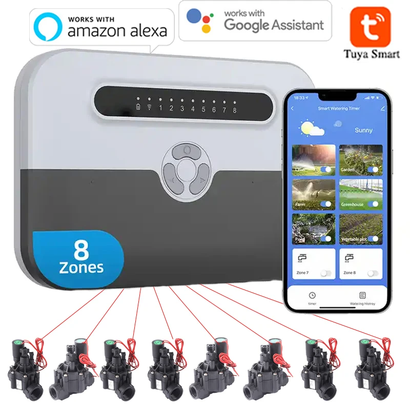 Controlador de Riego Inteligente WiFi de 8 Estaciones para Interiores y Sistema de Riego con Válvula Solenoide, Control Remoto por Teléfono, Compatible con Alexa