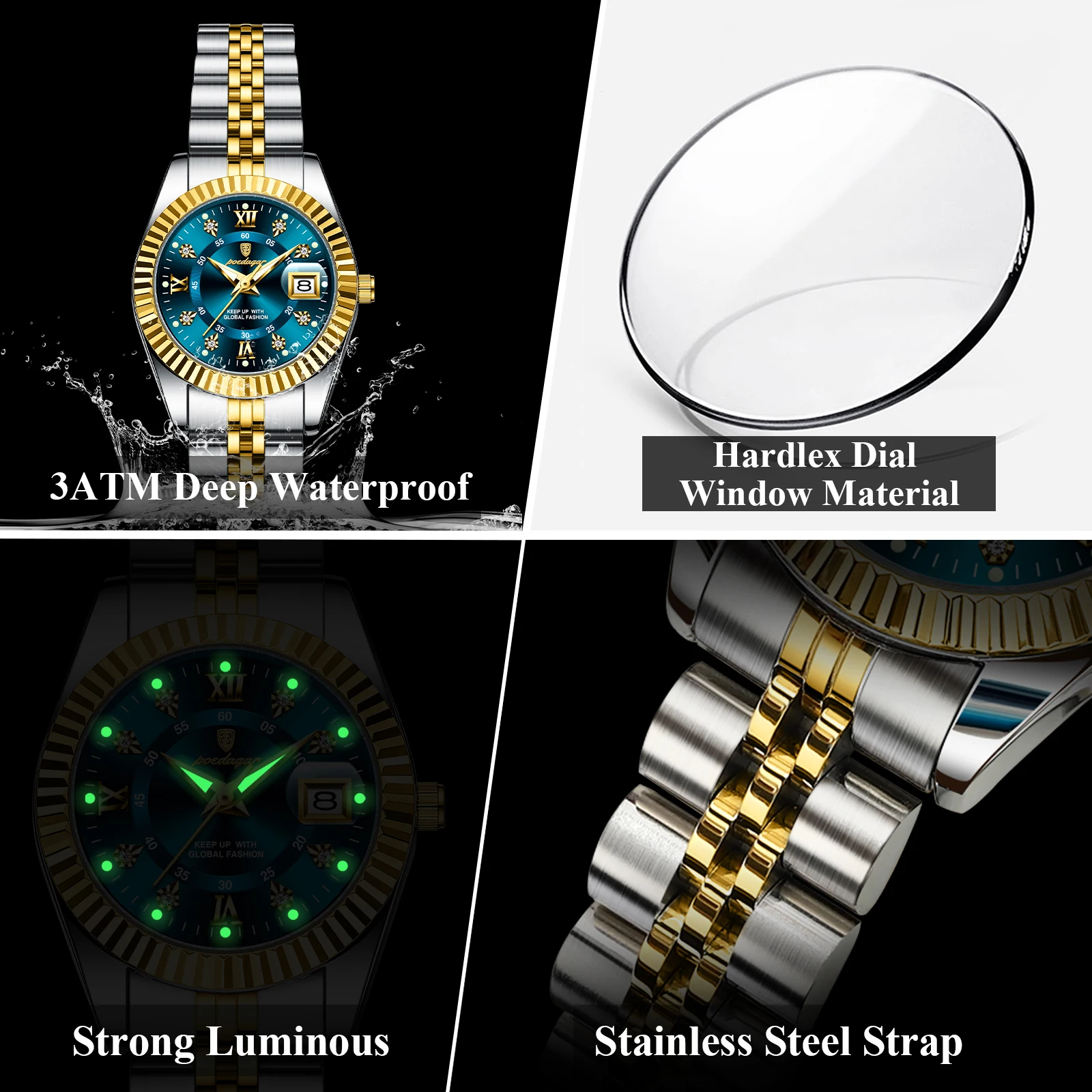 POEDAGAR, reloj de lujo para mujer, resistente al agua, de acero inoxidable, luminoso, con fecha, reloj de cuarzo para mujer, relojes elegantes a la moda para mujer