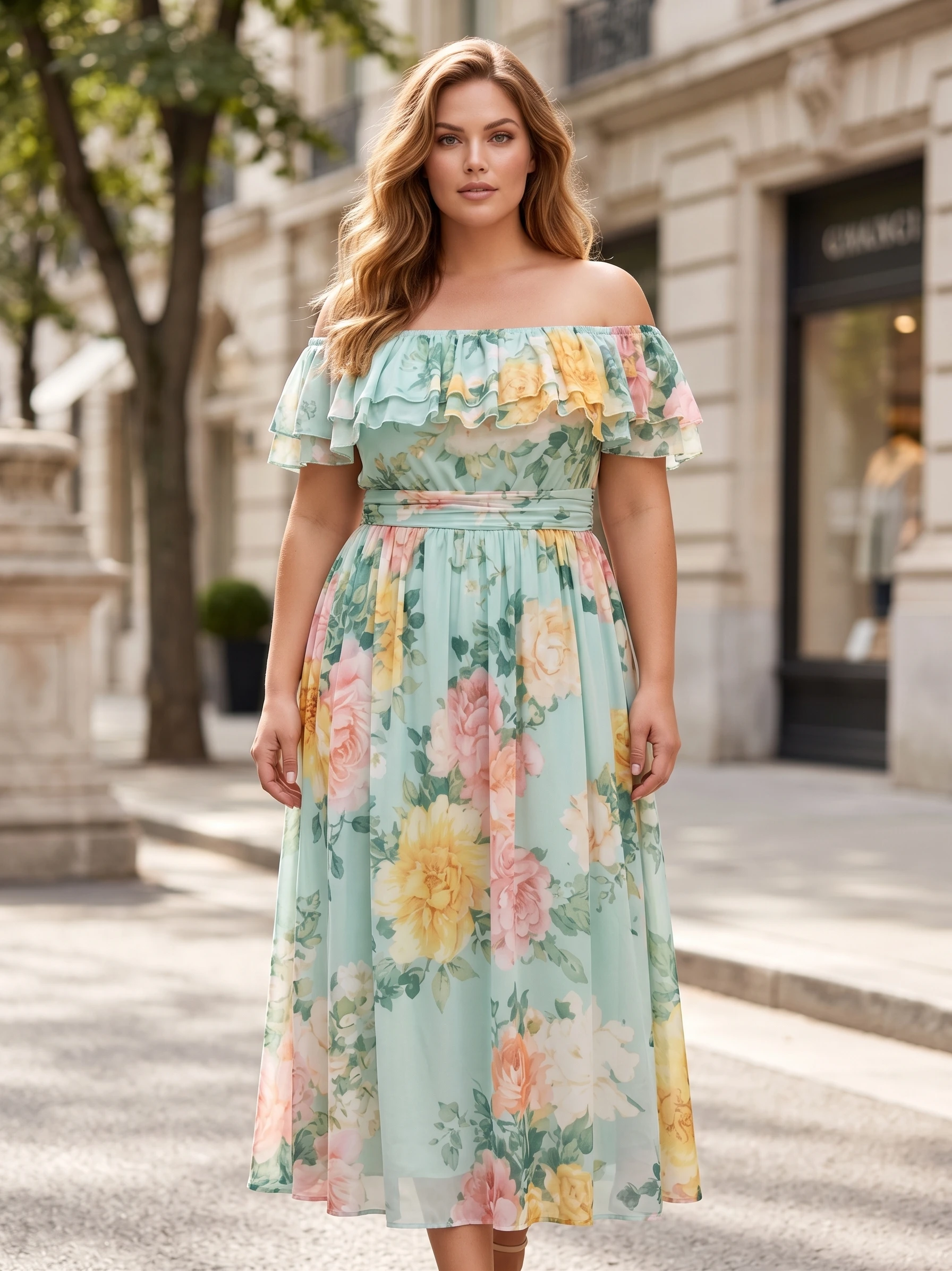 Vestido largo elegante para mujer, talla grande, con estampado floral, hombros descubiertos, cuello con volantes, corte fluido en A, ideal para invitadas de boda en verano, estilo casual.