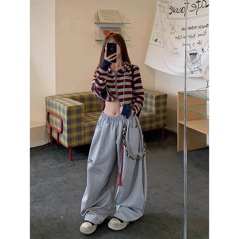 YIBASHU, pantalones deportivos grises Retro americanos para mujer, Otoño Invierno, calle alta, pantalones sueltos de baile de Jazz, pantalones de pierna ancha, pantalones casuales de tendencia