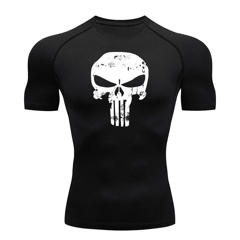 Camisas de compresión con estampado de calavera para hombre, camisetas deportivas atléticas de secado rápido para gimnasio, entrenamiento, correr, camisetas de manga corta con protección contra sarpullidos