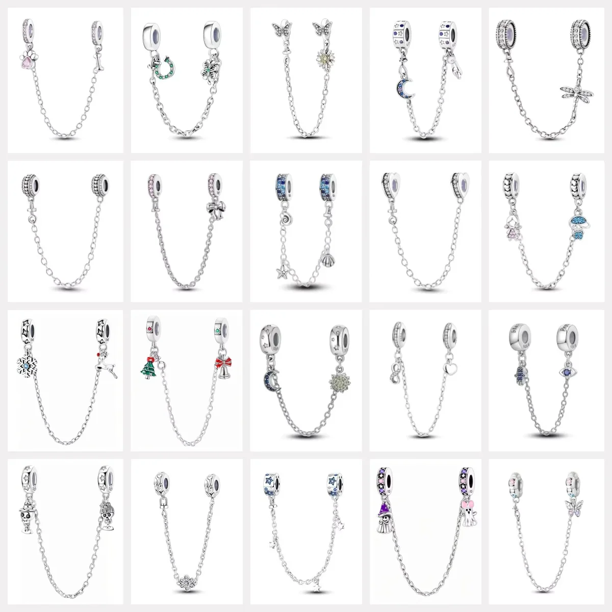 Dijes de seguridad de plata de ley 925: copos de nieve, estrellas, luna, corazón, lazo. Compatibles con pulseras originales. Joyería DIY. Regalo de Halloween para mujer.