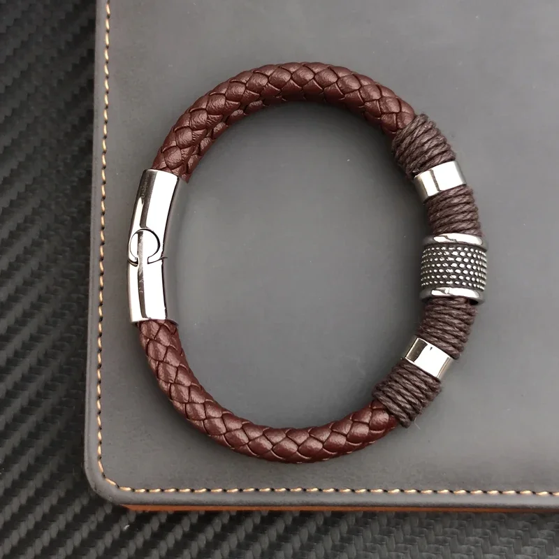 Pulsera de lujo Vintage multicapa de cuero marrón de acero inoxidable para hombre, pulsera de cuentas, joyería, brazalete de muñeca para hombre, regalos de navidad