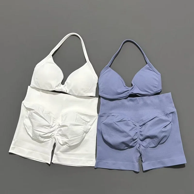 Conjunto deportivo de 2 piezas para mujer, sujetador sin mangas para Yoga, cintura alta, pantalones cortos de gimnasio, traje de entrenamiento para correr y Fitness