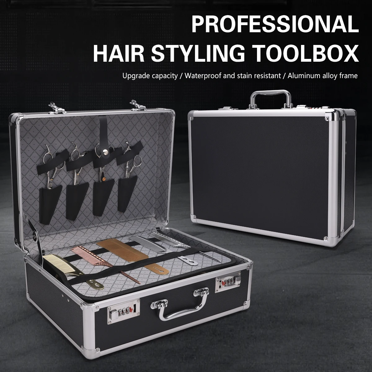 Caja de almacenamiento de herramientas de aluminio plateada, Maleta portátil con bloqueo de contraseña, caja de transporte de salón de peluquería profesional de gran capacidad
