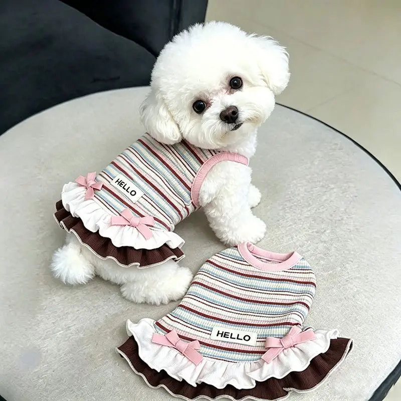 Vestido a Rayas para Perro con Lazo, Ropa para Mascotas con Volantes, Atuendo Transpirable de Verano para Perros Pequeños Bichón