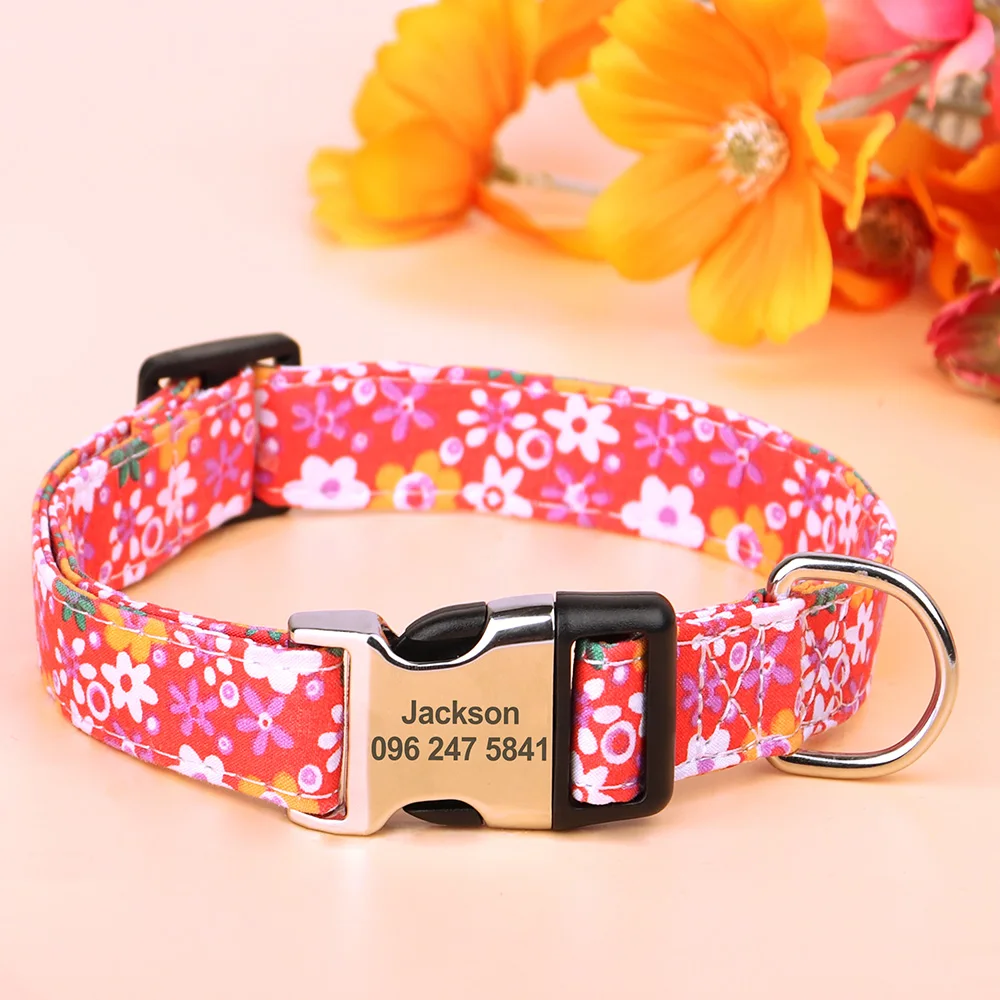 Collar personalizado con estampado Floral para mascotas, Collar de Nylon para perro con grabado gratuito, para perros pequeños, medianos y gatos, etiqueta de identificación de nombre
