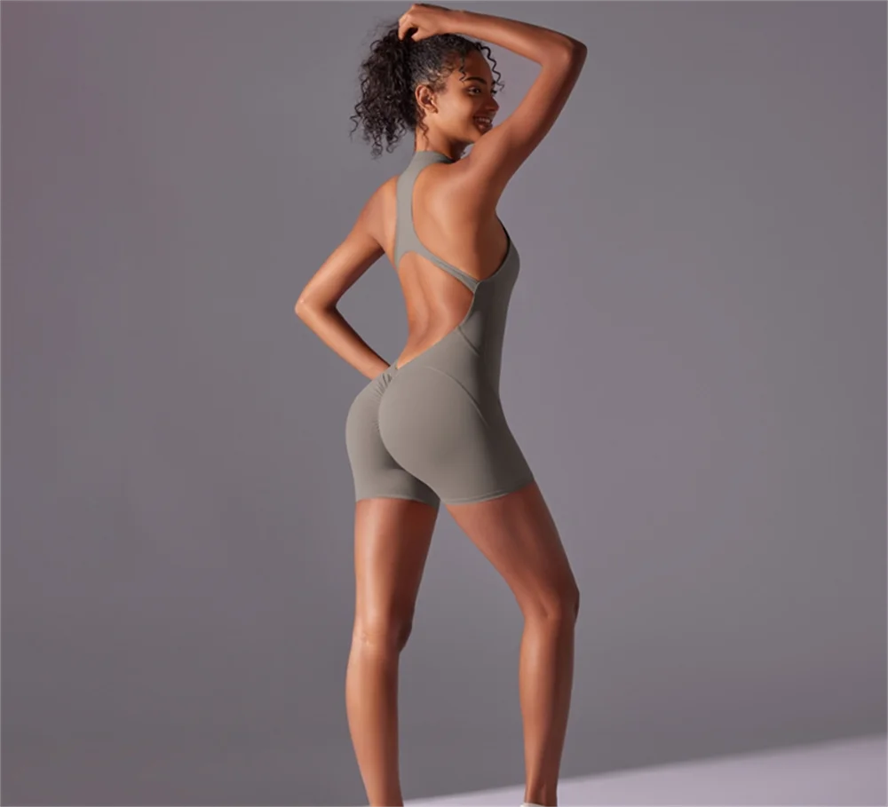 Color sólido de alta intensidad nude ajustado deportes espalda mono yoga traje ajustado correr fitness traje