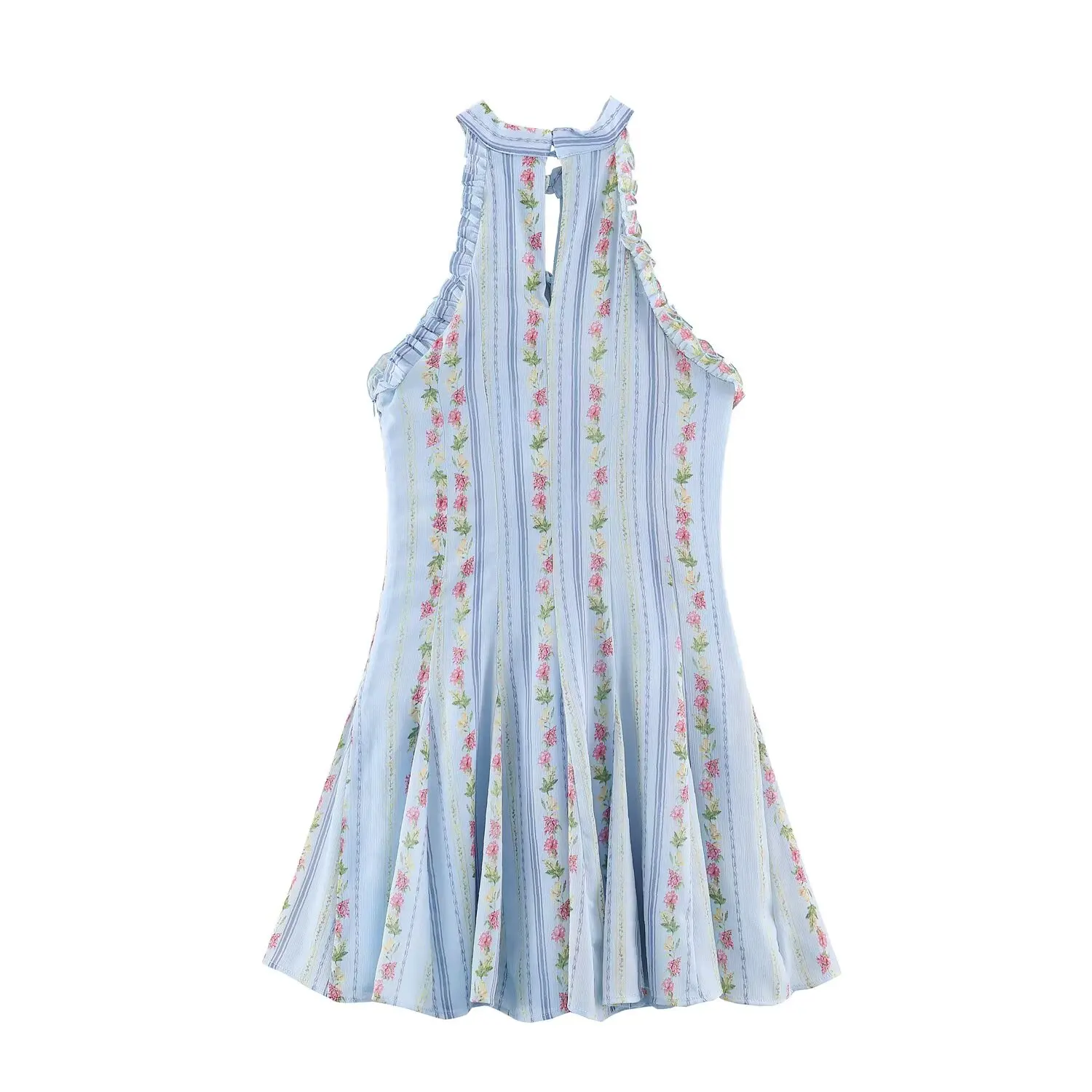 Vestido Halter Vintage BSAY con Estampado Floral y Rayas, con Volantes, Abertura Frontal con Lazo, Sin Mangas, Mini Vestido Ajustado para la Playa o Vacaciones