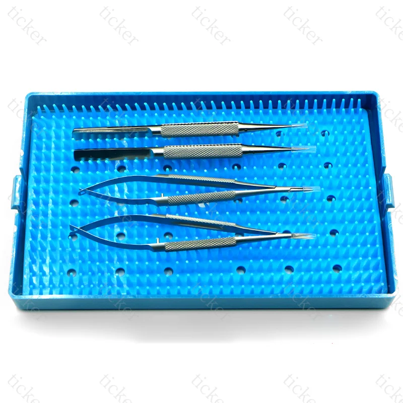 Oftalmología Juego de sutura de microinstrumento de 4 piezas, tijeras corneales quirúrgicas manuales de acero inoxidable, pinzas de aleación de titanio