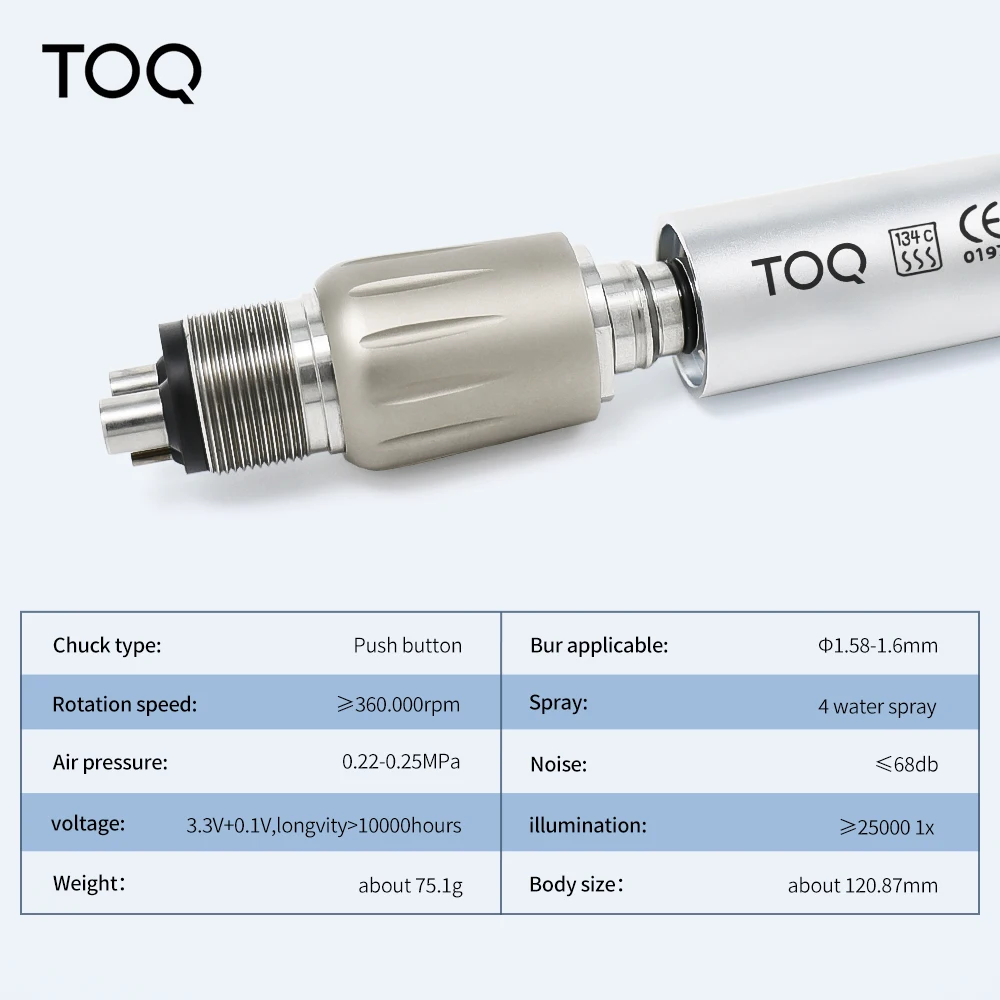 Turbina dental de fibra óptica de alta velocidad con rodamientos cerámicos, cabezal de torsión con botón pulsador y fibra óptica, herramientas dentales