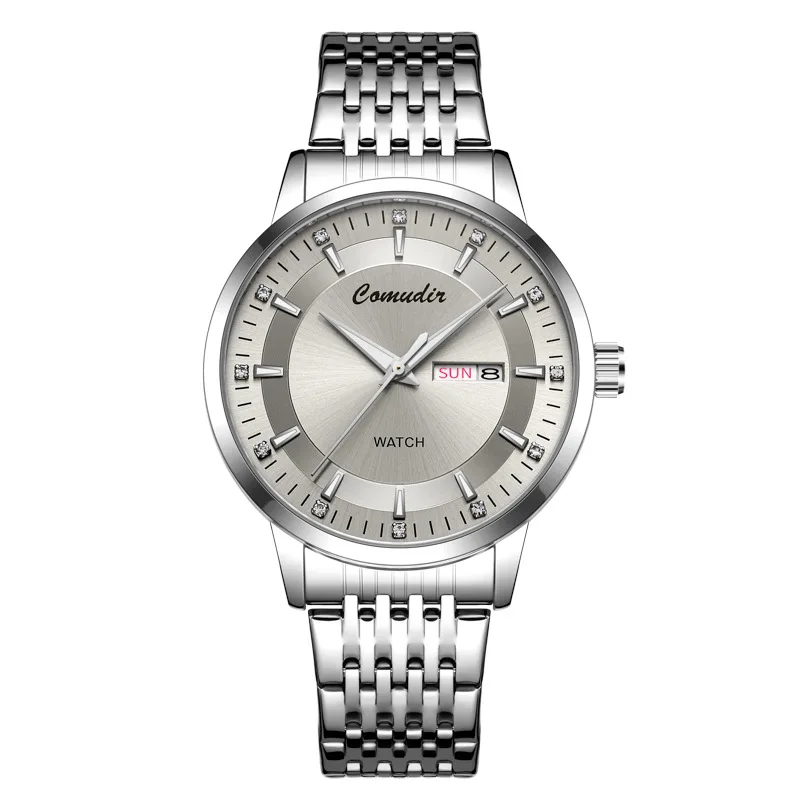 Reloj de hombre plateado no mecánico con correa de acero, diseño hueco, resistente al agua, luminiscente en la oscuridad, con doble calendario y noctilucente.