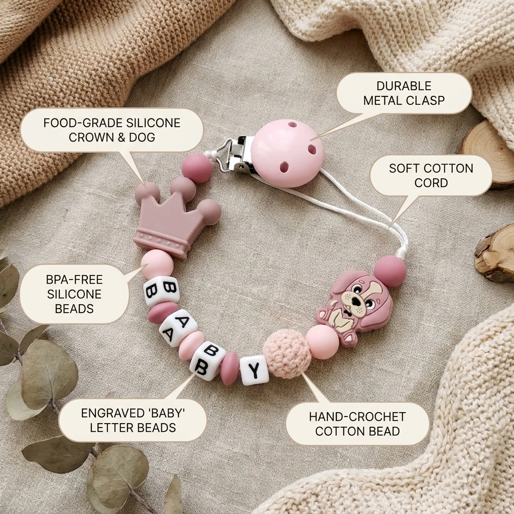 Clip para chupete personalizado con nombre, corona, perro cachorro, soporte para mordedor de bebé, silicona de grado alimenticio, cuentas de ganchillo, sin BPA, regalo para niña