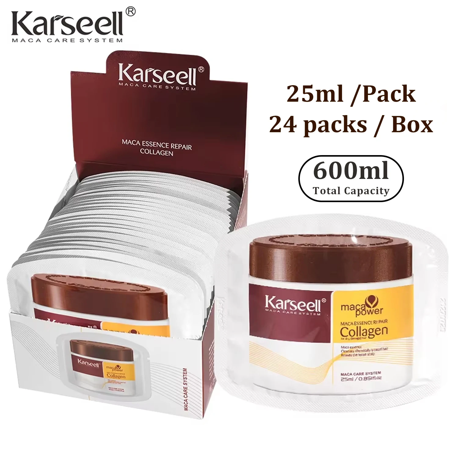 Karseell - 24 Paquetes/Caja de Tratamiento Capilar con Colágeno, Reparación Profunda, Acondicionador, Mascarilla Capilar con Aceite de Argán y Colágeno para Cabello Seco y Dañado