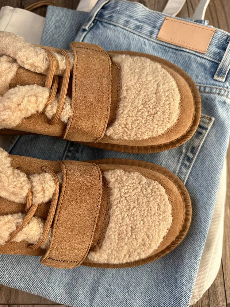 BEAUTODAY, zapatos peludos para mujer, zapatos planos de cuero vacuno con punta redonda, gancho y bucle con cordones, mocasines de invierno para mujer hechos a mano A27843