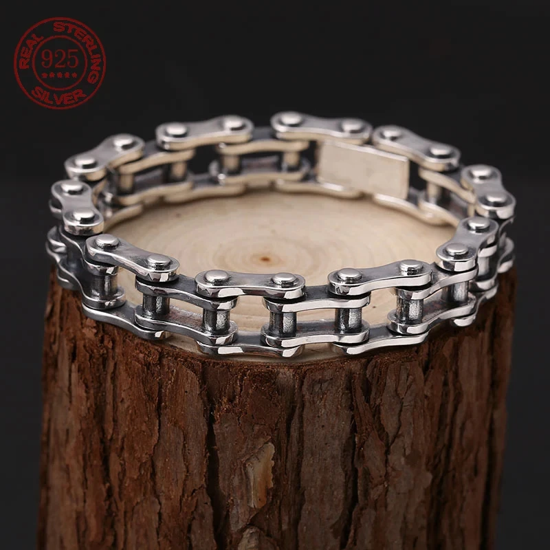 Pulsera 100% de plata de ley S925, 10MM, estilo punk de bicicleta, joyería de plata S925 que nunca se desvanece, con certificado de autenticidad, regalos de joyería para hombres y mujeres.