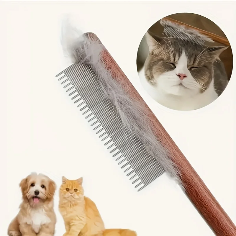 Peine para el cuidado de mascotas para gatos y perros, 3 piezas/1 pieza, dientes de acero inoxidable, mango de madera, adecuado para cabello largo y corto, herramienta duradera para el cuidado de mascotas