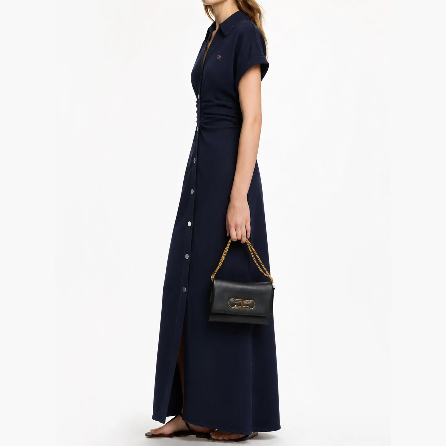 Vestido Midi de Mezclilla de Color Sólido con Letras CH Bordadas, Manga Corta, Cuello Solapa, Cintura Fruncida, Estilo Casual Elegante para Oficina