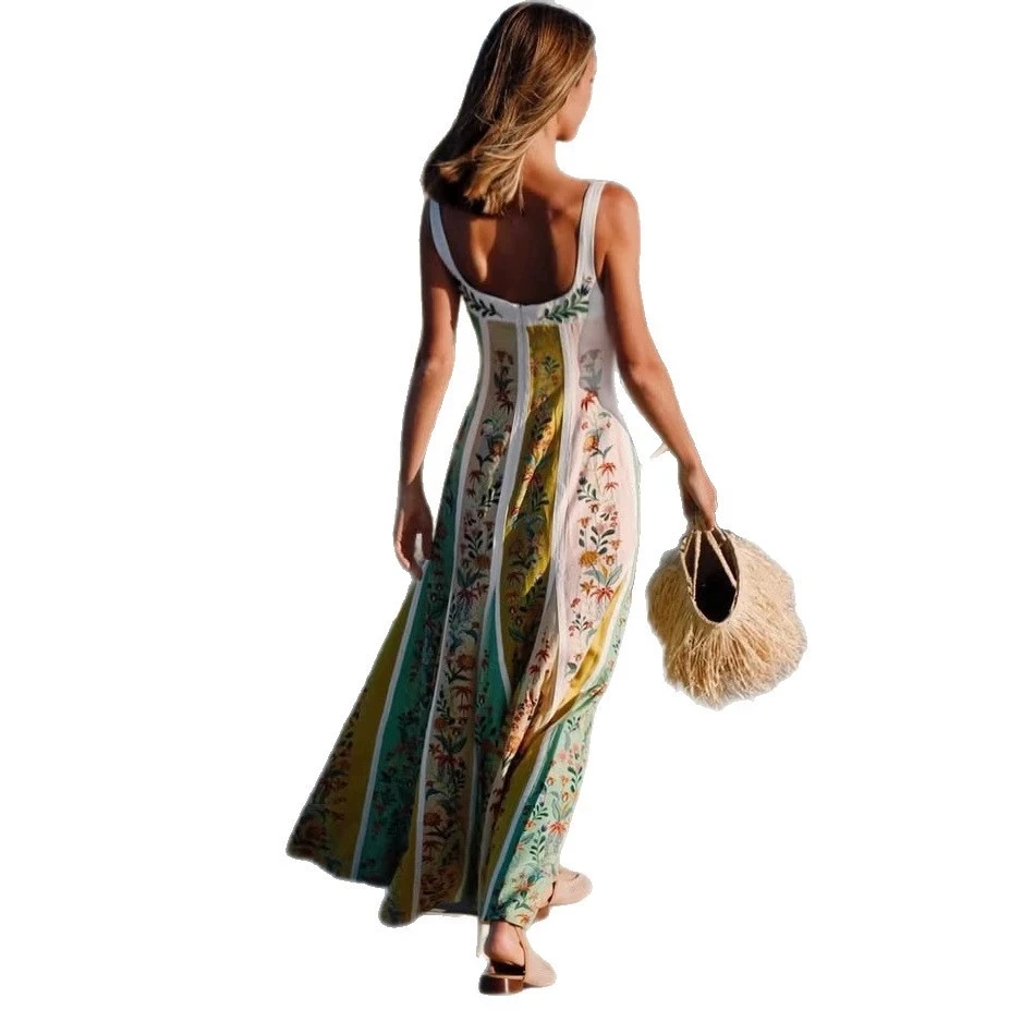 Moda elegante mujer Vestidos de fiesta sin mangas Casual cuello en V profundo Maxi vestido de verano sin espalda vestido estampado de cintura alta Vestidos