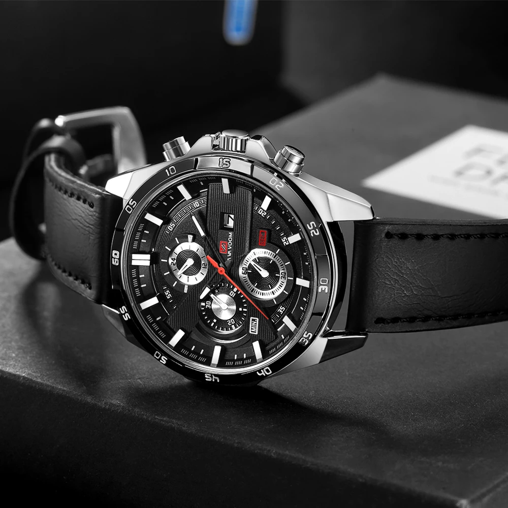 Reloj Deportivo para Hombre de 46mm, Correa de Cuero Negra, Serie Racing, Uso Diario, Reloj de Cuarzo con Esfera de Oro Rosa Original, Relogio Masculino