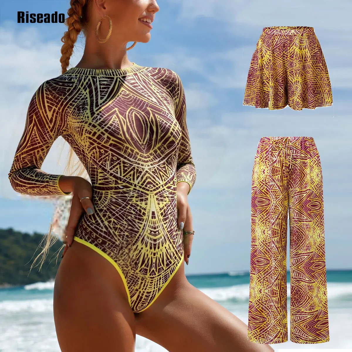 Riseado Traje de baño de malla con pantalones largos y traje de baño Ropa de playa de malla de manga larga Traje de baño sexy de cintura alta Ropa de playa inteligente