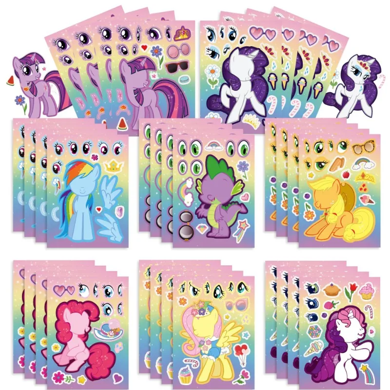 8 hojas de pegatinas de Anime My Little Pony, hacer una cara, montar, divertidas calcomanías DIY, rompecabezas, regalo de cumpleaños para niños y niñas