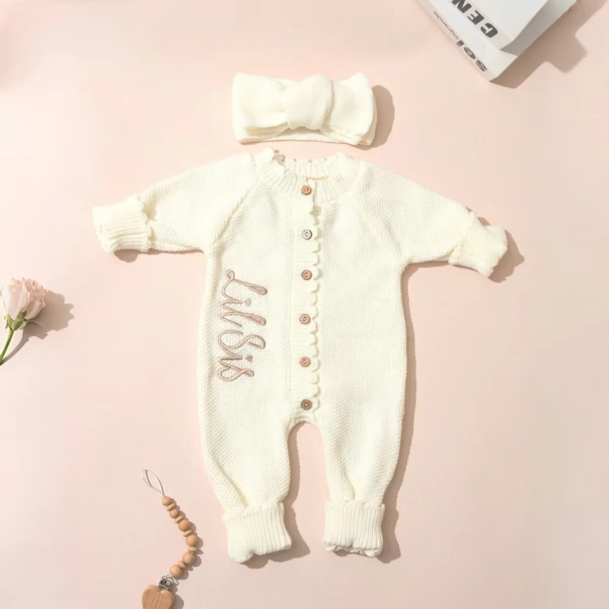 Ylsteed Conjunto de 2 piezas de punto para recién nacido con diadema con lazo, pelele bordado de bienvenida para bebé para sesión de fotos y uso diario de 0 a 3 meses