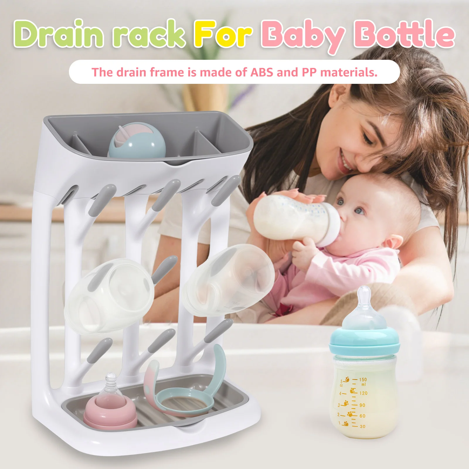 Estante para secar botellas de bebé, soporte para encimera que ahorra espacio, bandeja desmontable, soporte para biberones, organizador y secado