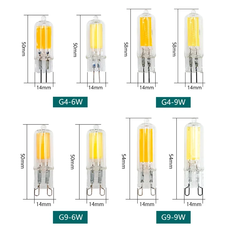10 unids/lote lámpara LED G9 más brillante G4 AC 220V 230V 240V 6W 9W bombilla Led COB de vidrio foco blanco cálido/frío reemplazar luz halógena