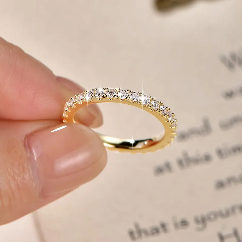 Anziw Anillo de Moissanita Completa de 2mm Color D para Mujer, Brillante Banda de Eternidad para Boda, Anillo de Compromiso de Oro Laminado de 14k, Joyería